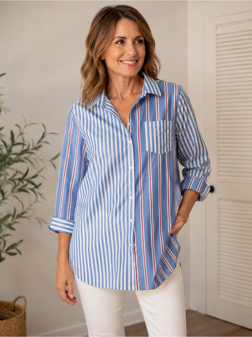 Lands End Sz 24W Blue Stripe Funky Mis-Matched Artsy non iron Shirt Top NWOT